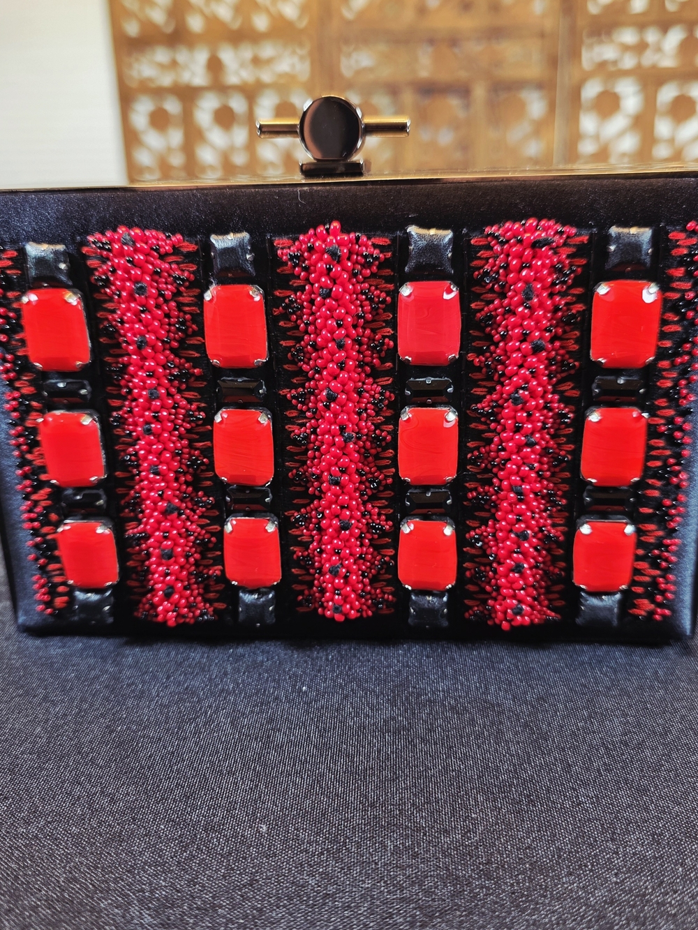 Jason Wu Minaudiere Beautiful Clutch. Hand Beaded Red Detail with Black Satin.